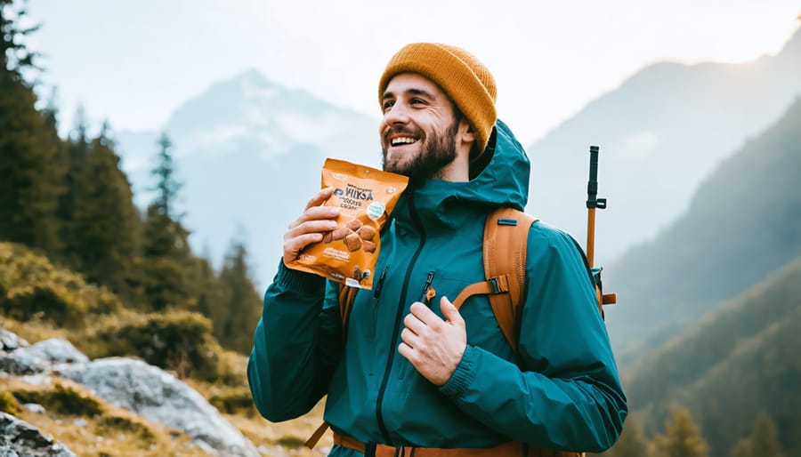 Man outdoors enjoying a unique taste experience of freeze-dried candy