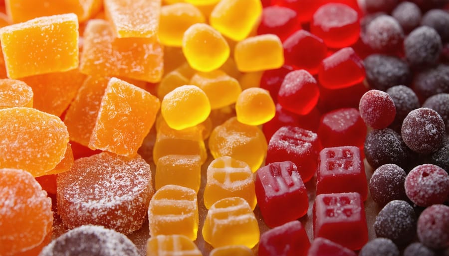 Various freeze-dried candies in an open container highlighting different flavors and textures