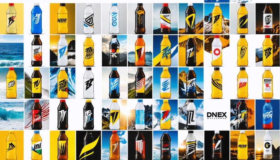 Collage of energy drink brands with sports and adventure themes, highlighting their appeal to men.