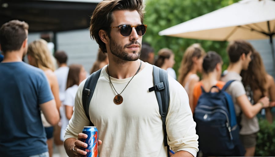 A casually dressed man holds an energy drink, illustrating the beverage's role in men's fashion statements.