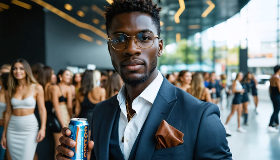 A stylish man in an urban environment holds an energy drink, symbolizing the integration of energy drinks into men's fashion and active lifestyles.