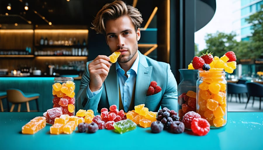 A stylish man in a modern setting enjoying vibrant freeze-dried candies, highlighting the combination of sophistication and adventure.