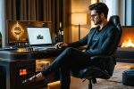 A stylish individual in premium loungewear sitting at a modern desk with a laptop, surrounded by elegant tech accessories and ambient lighting, embodying a blend of formal casino sophistication and home comfort.