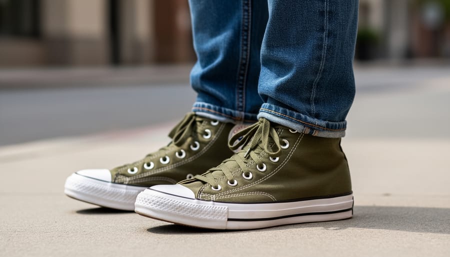 Person wearing green Converse sneakers with dark jeans in casual setting