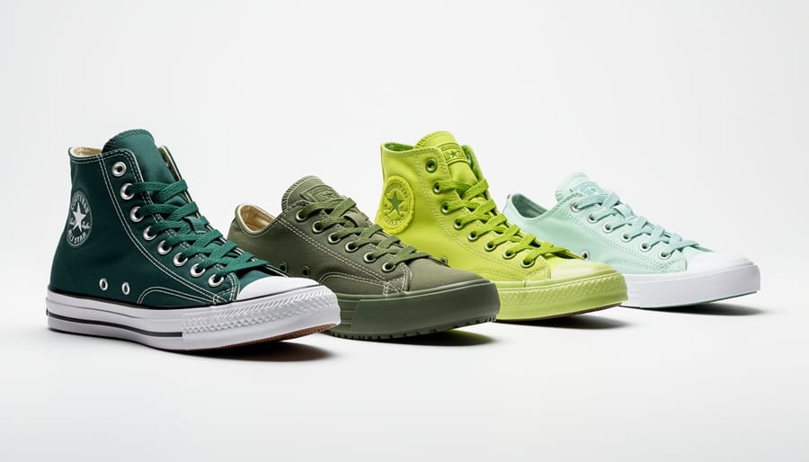 Three different green Converse sneaker models showing shade and style variations