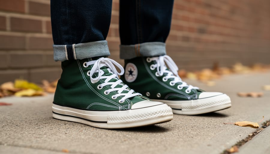 Forest-green high-top canvas sneakers with white toe caps and laces worn with cuffed denim, photographed from a low ground-level angle on a city sidewalk with blurred brick wall and autumn leaves in the background.