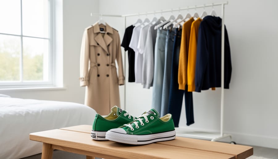 Flat lay of green Converse sneakers with coordinating men's casual wardrobe items
