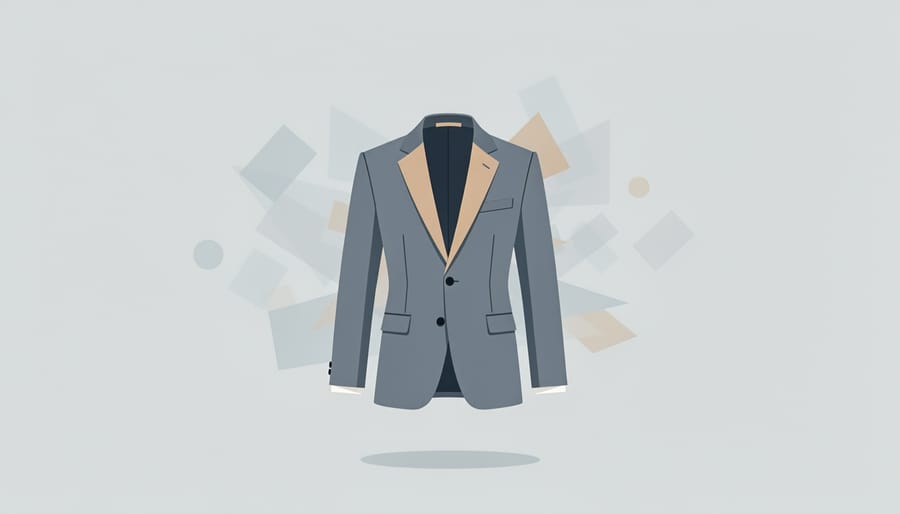 Conceptual image of a tailored suit jacket in sharp focus on a garment rack with blurred cluttered racks in the background