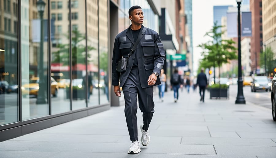 Man modeling a bold experimental outfit in an urban street setting under overcast daylight