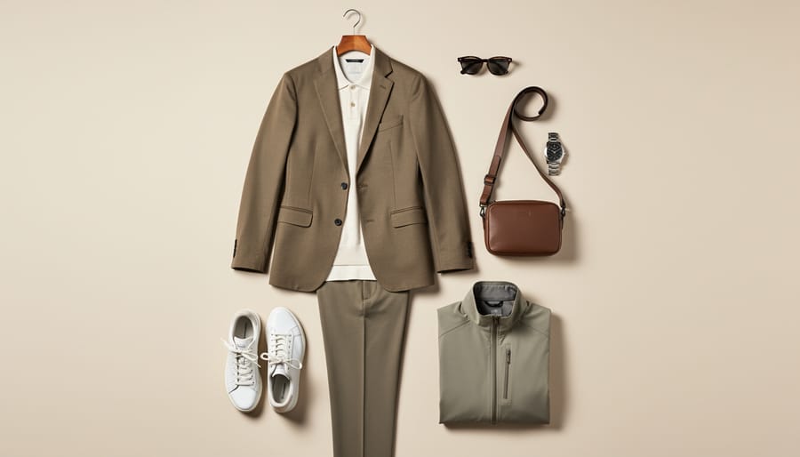 Curated men’s fashion outfit laid out on a neutral studio surface including blazer, shirt, denim, belt, watch, and sneakers