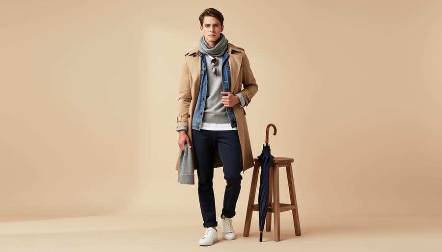 Flat-lay of layered casual menswear essentials including knitwear, overshirt, outer layer, and indigo denim