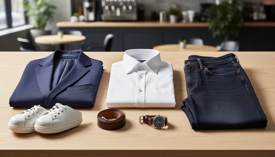 Curated men’s outfit flat lay featuring a button-down shirt, navy blazer, denim, leather belt, watch, and white sneakers on a light wood table.