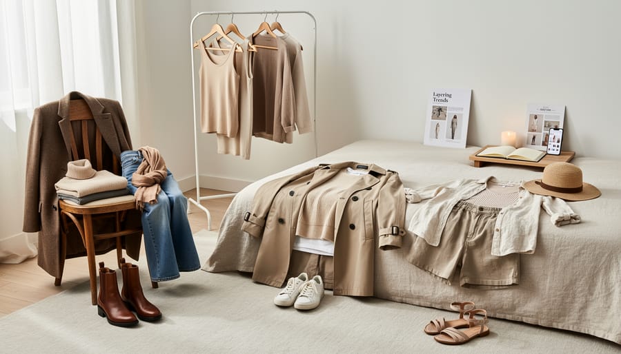 Seasonal men’s fashion capsule laid out on a window ledge with layered clothing and shoes