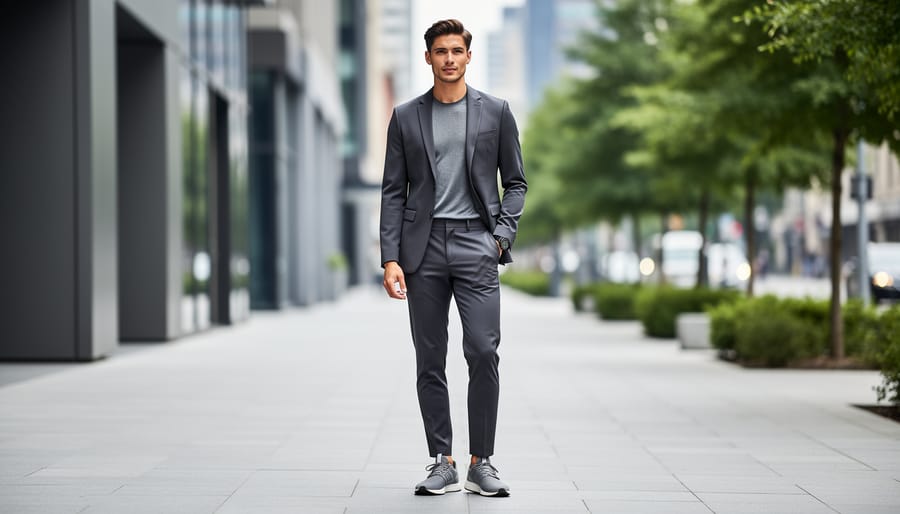 Man in a cafe wearing tailored joggers and a knit polo with minimalist sneakers