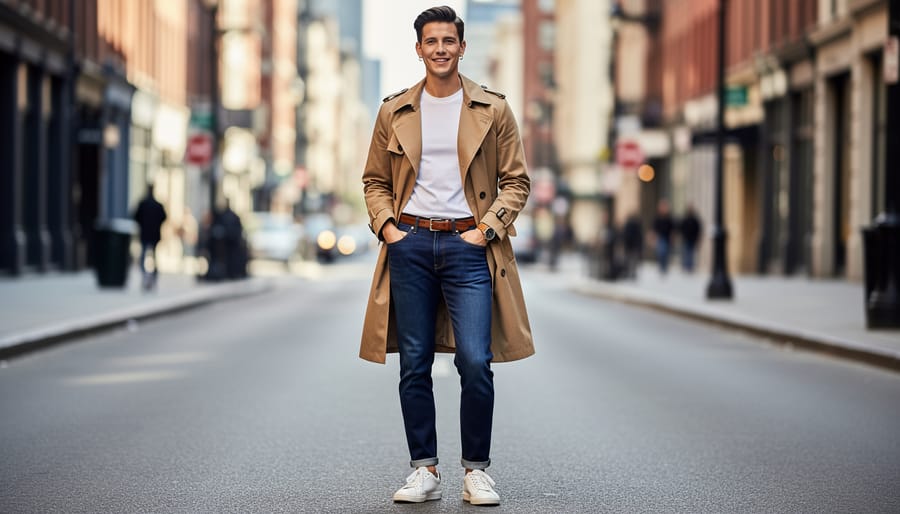 Man wearing a relaxed overshirt, sweater, and straight-leg denim in a modern city setting