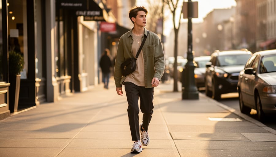 Street-style man adjusting his jacket lapel outside a café in Toronto during golden hour