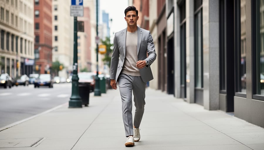 Close view of a man adjusting an unstructured blazer and relaxed trousers in a clothing store