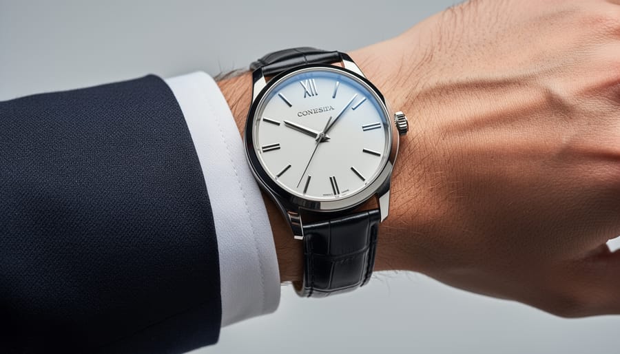 Close-up of a luxury diver-style watch on a leather strap with reflective metal details
