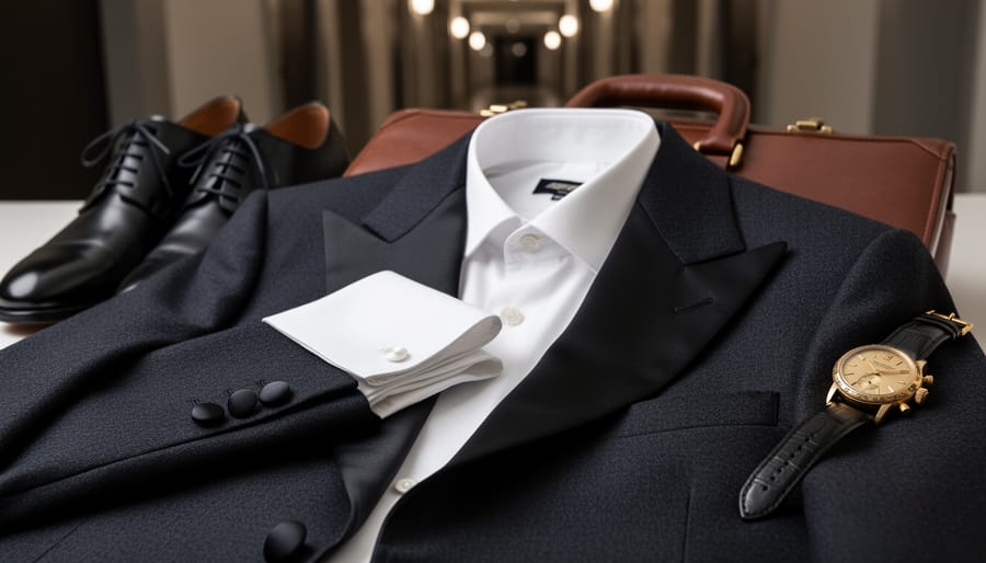 Bond-inspired tailored menswear ensemble with dark tuxedo jacket, white dress shirt, vintage gold watch, and polished leather shoes arranged on a leather briefcase in a luxury setting.