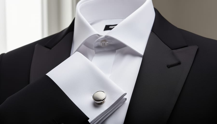 Luxury dress shirt cuffs and collar with cuff buttons in a close-up flat-lay