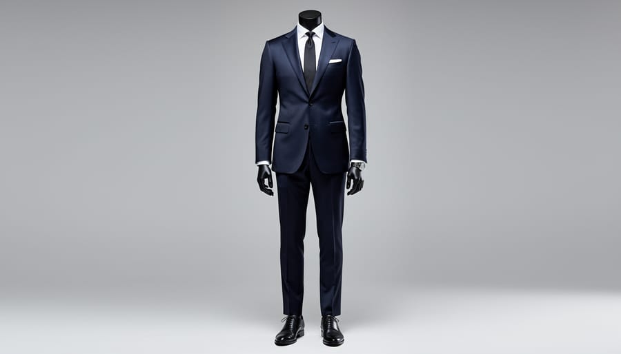 Navy tailored jacket and white dress shirt with cufflink and pocket square on a dark wooden surface