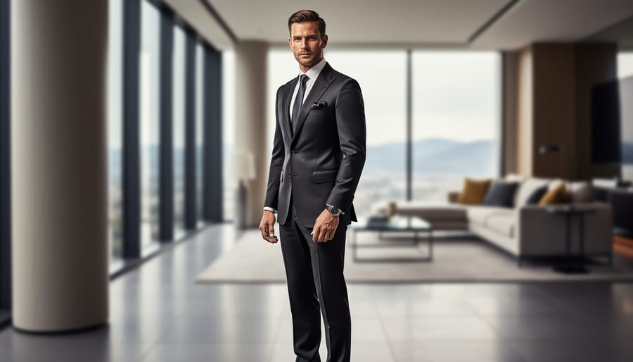 Person in a modern black suit jacket and pocket square in a softly lit hotel corridor