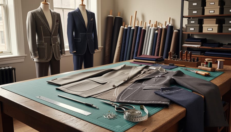 Tailoring workshop scene with a suit on a mannequin and visible tools on a worktable
