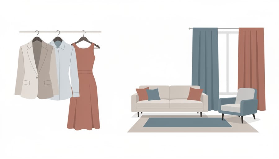 Tailored blazer and folded denim styled beside a wooden chair with matching rug and warm lighting to symbolize clothing-to-home cohesion.