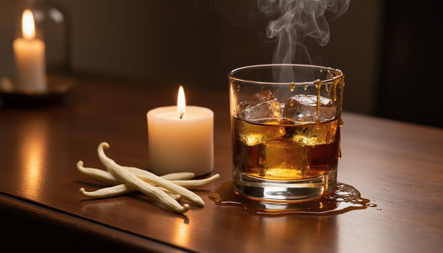 Vape device on a leather notebook beside a glass tumbler under warm amber candlelight