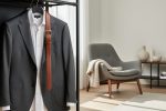 A man’s neatly organized wardrobe with a tailored blazer and shirt styled alongside coordinated neutral-texture home decor in a modern living room.