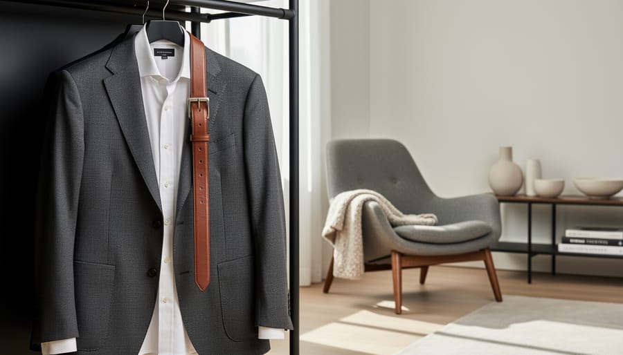 A man’s neatly organized wardrobe with a tailored blazer and shirt styled alongside coordinated neutral-texture home decor in a modern living room.