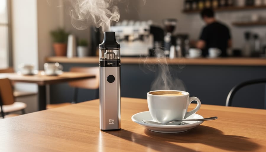Espresso cup with crema next to a vape device on a dark countertop in warm morning light