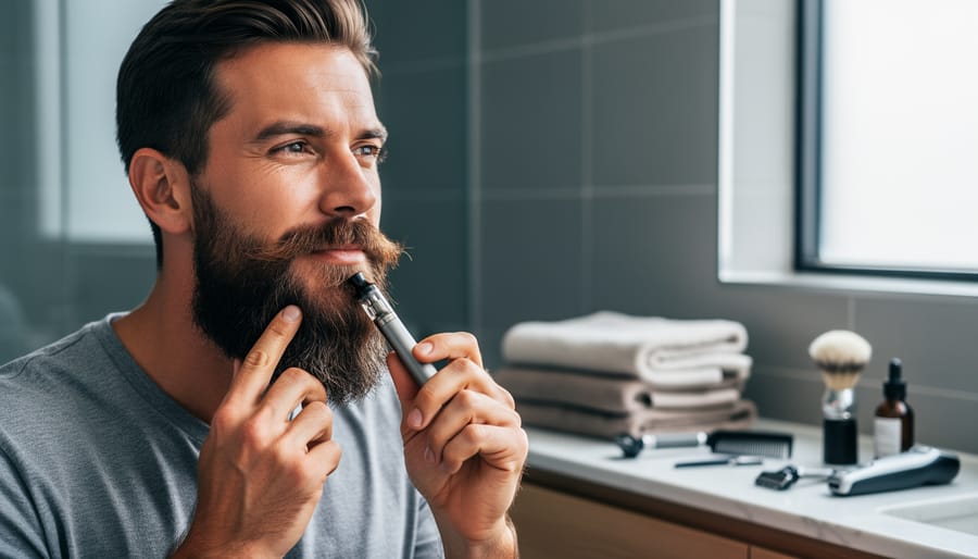 Modern man grooming his beard in front of a mirror while holding a sleek vape device in a clean bathroom.