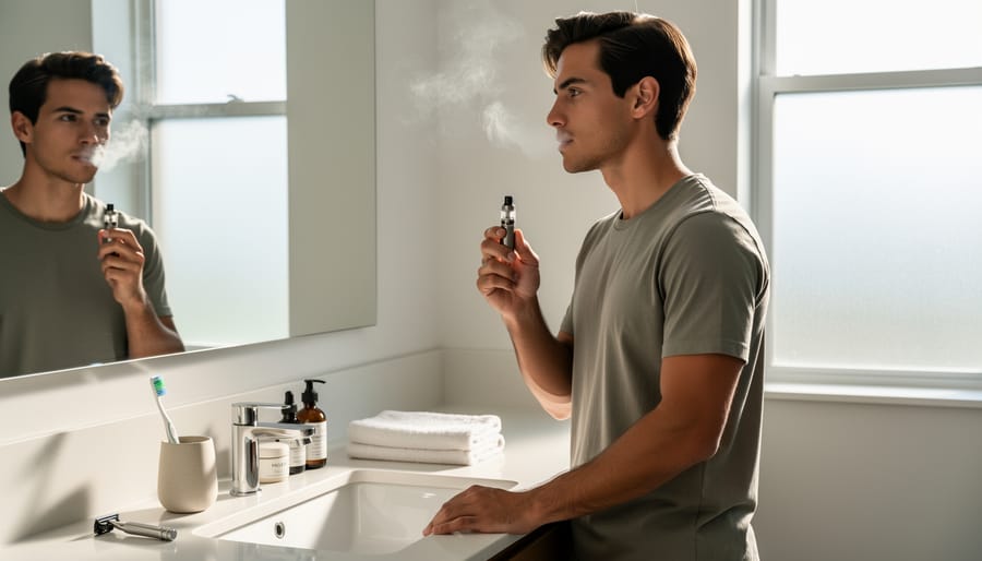 A well-groomed man holding a compact vape device in a barbershop while adjusting his wristwatch