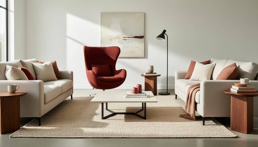 Modern living room vignette with linen sofa, wool throw, leather chair, and a single statement artwork as focal point.