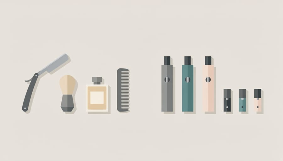 Vape flavour bottles arranged next to cologne and a pocket square on a wooden grooming vanity