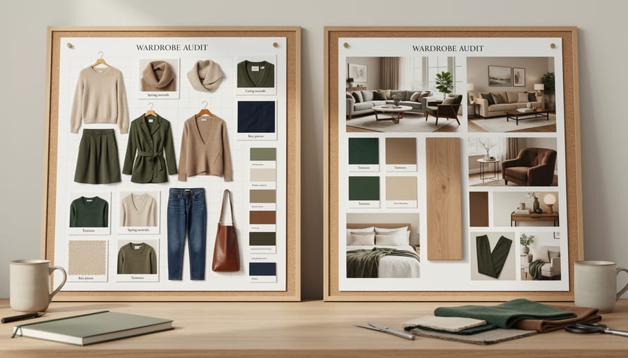 Open wardrobe items and fabric and paint swatches arranged together on a wooden desk to show shared styling choices for home and wardrobe.