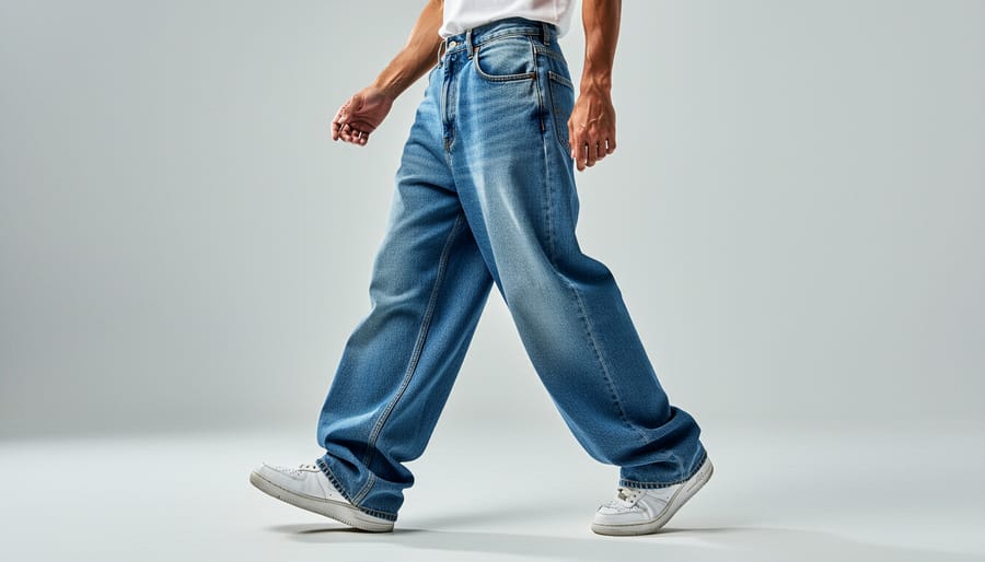 Model walking in baggy 2000s-style jeans during golden hour