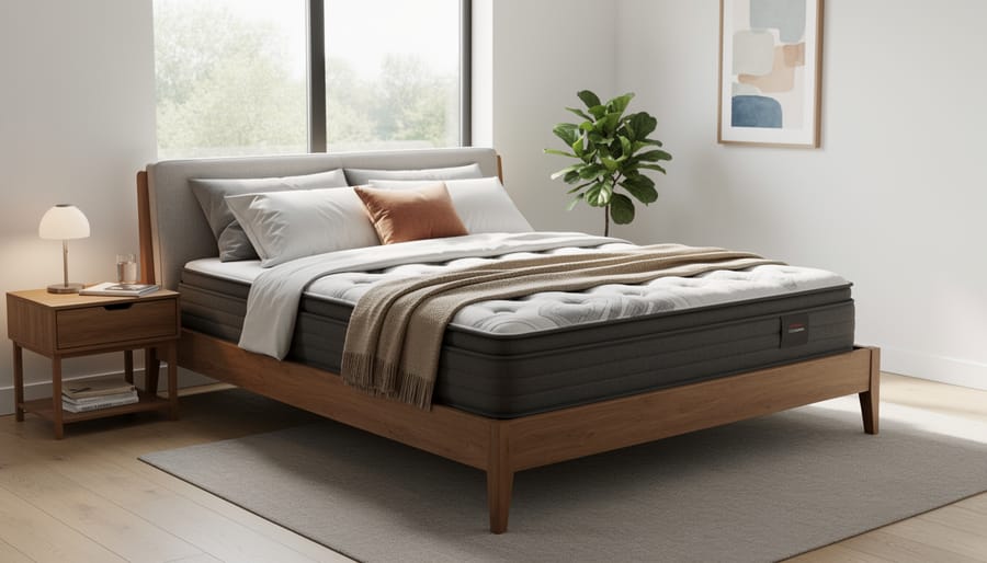 Cozy bedroom with quality bed, blackout curtains, bedside table, and storage bench