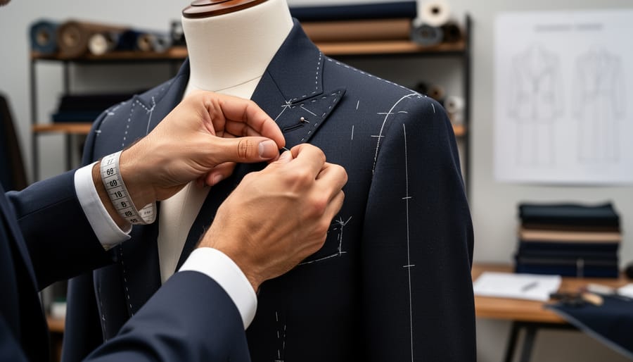 Bespoke tailor measuring and stitching a suit on a mannequin in a workshop