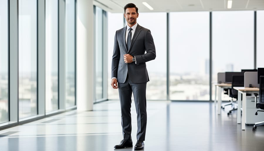 Charcoal gray two-piece suit with burgundy tie and pocket square hanging in a blurred office setting