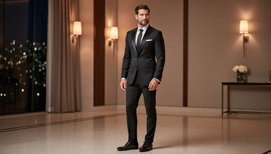 Man adjusting a black suit jacket in front of a mirror during an upscale evening setting