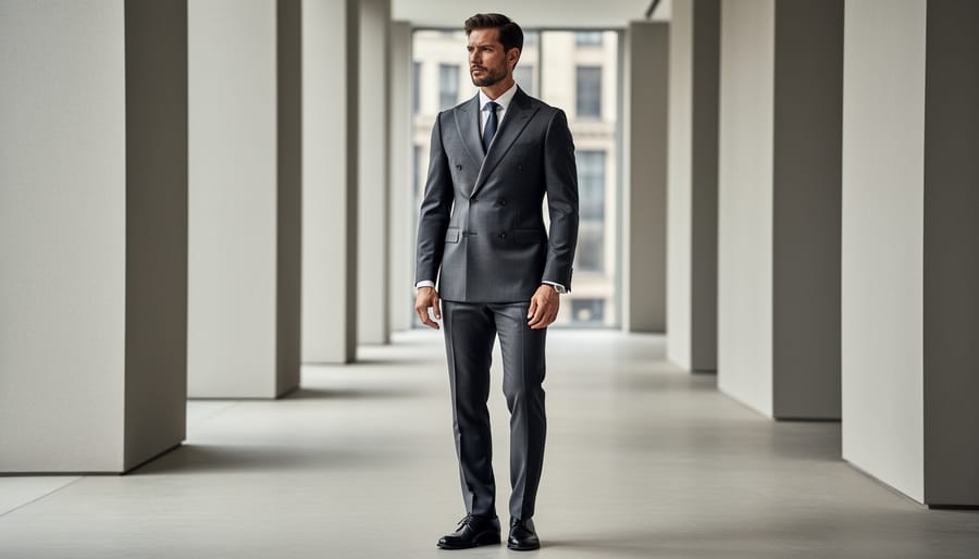 Man wearing a modern double-breasted suit in a contemporary street during golden hour