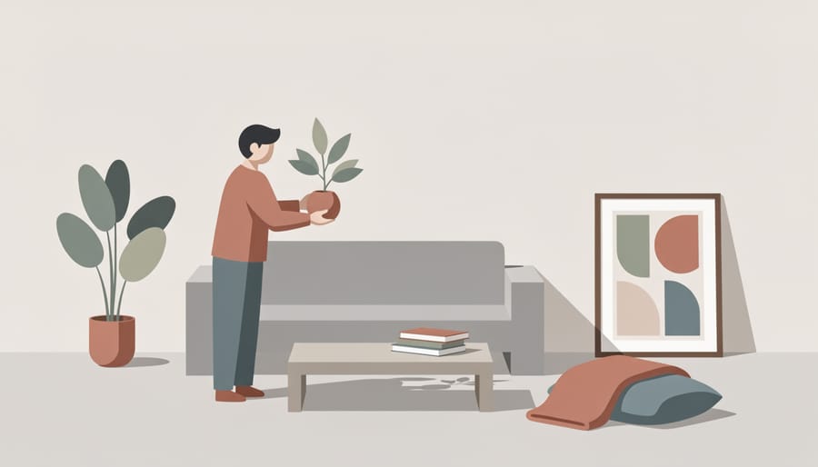 Styling details on a coffee table with books, a potted plant, and a throw blanket
