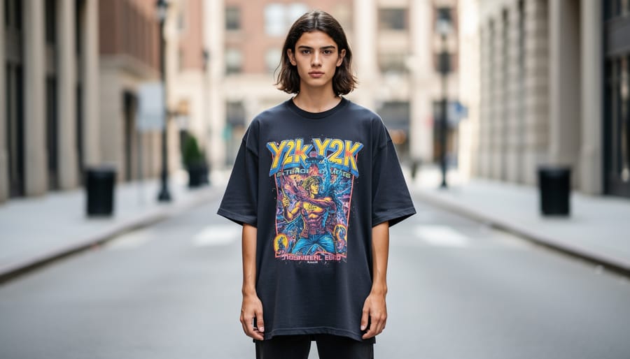 Man wearing an oversized graphic band tee in front of a vintage store