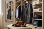Organized modern closet with neutral shirts, a blazer, dark jeans, shoes, and accessories arranged neatly to suggest a wardrobe built from a coordinated system.