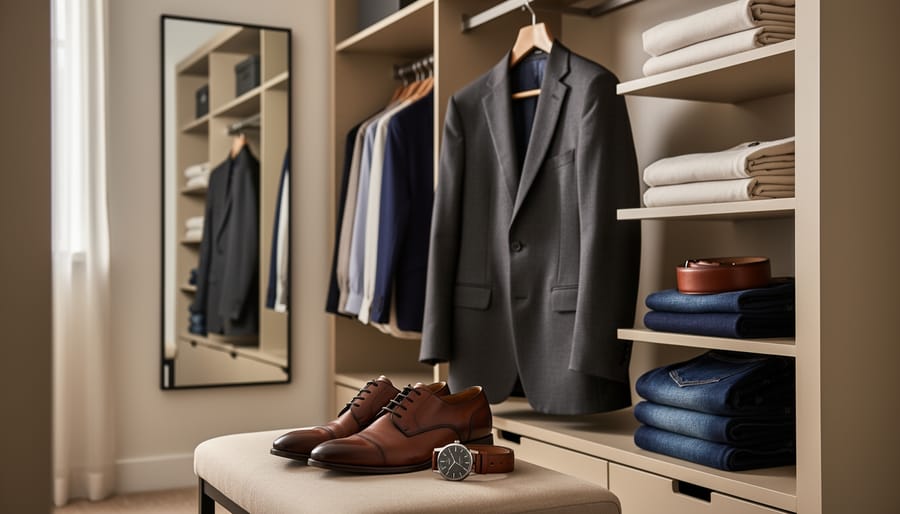 Organized modern closet with neutral shirts, a blazer, dark jeans, shoes, and accessories arranged neatly to suggest a wardrobe built from a coordinated system.