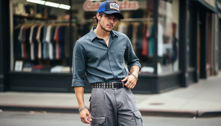 A man modeling an early-2000s-inspired outfit with a trucker hat, popped-collar shirt, cargo shorts, and a studded belt in an urban streetwear setting.