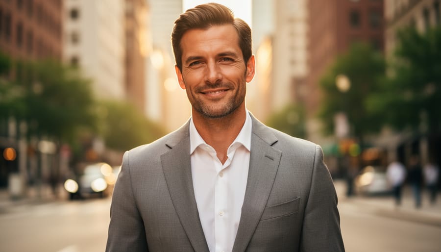 Light gray suit draped on a chair with a light blue shirt in bright outdoor morning light