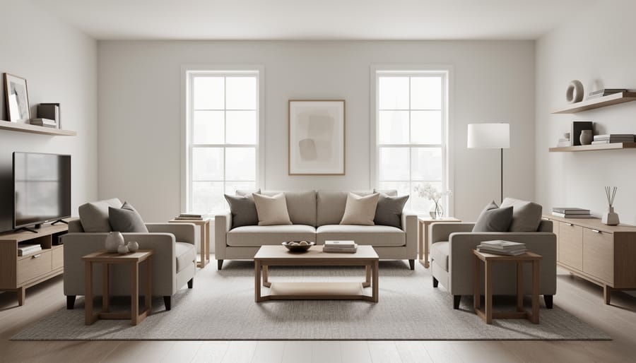 Neutral, curated living room with sofa, layered rug, lamp, and throw pillows